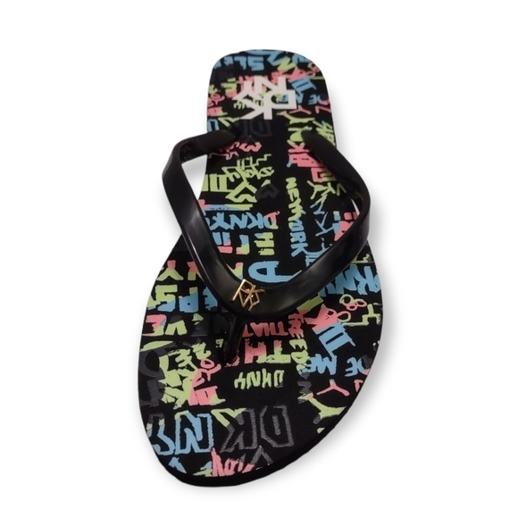 Dkny Zane Black Graffiti Sandals Flip Flops Women's Size 6 - Picture 3 of 9